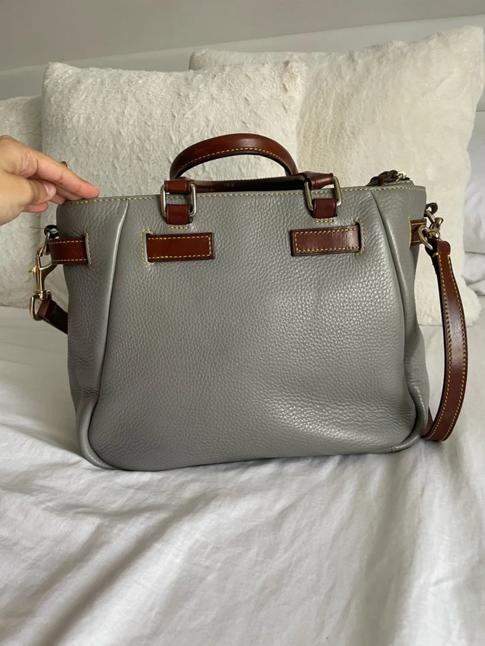 Dooney & Bourke Samba Leather Belted Shopper Satchel Gray Brown Crossbody